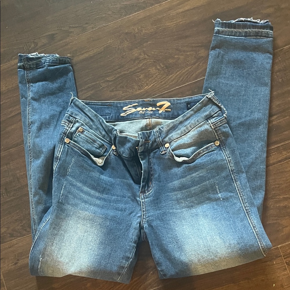 Seven7 Medium Blue Skinny Jeans with Subtle Distress